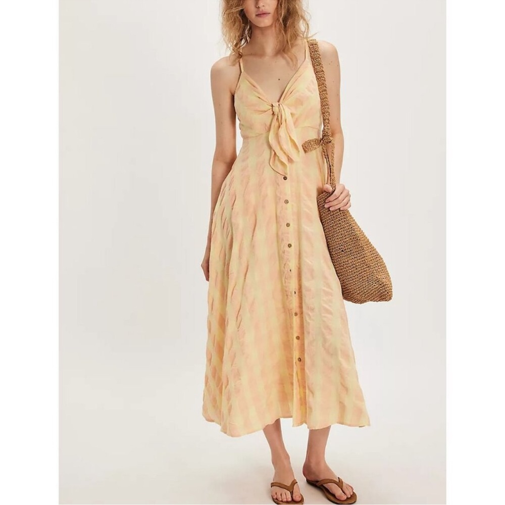 Free People Peach & Cream Tie-Front Button Midi Dress - Picture 6 of 15